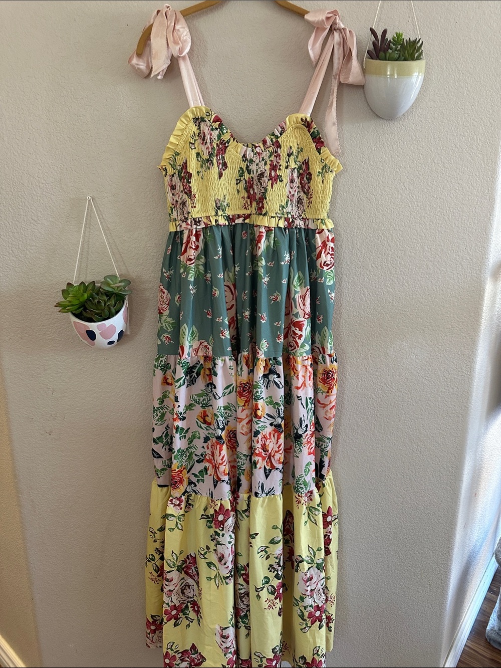 ModCloth Floral Tier Boho Maxi Tie Strap Dress Large